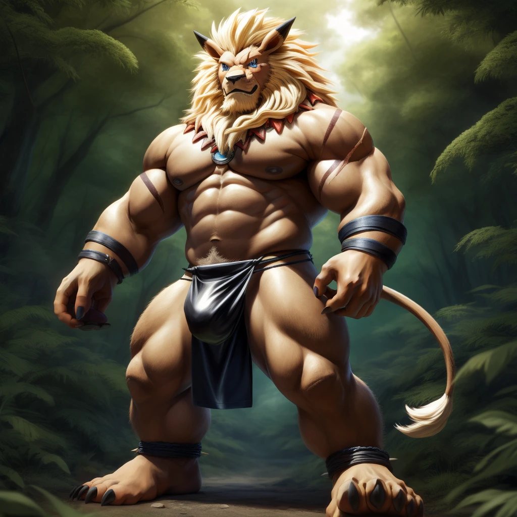 Furry, Kemono, Leon, Leomon, Digimon, (Solo), Bigg Ass, Male Bulge, masculine, Full body, Feet, (Anime Blue Eyes), (Perfect Eyes), Braided Mane, Black leather harness, Spiked Anklet, (White fitted fundoshi), (White string thong), (Fundoshi de color Blanco) , (green forest background), High Resolution, 4K Detailed, Good Lighting, Beautiful, Photorealistic, Realistic, (Japanese tight fundoshi), (White Tight male Thong), tail, Lion tail, black claw nails, Big Scar on left shoulder