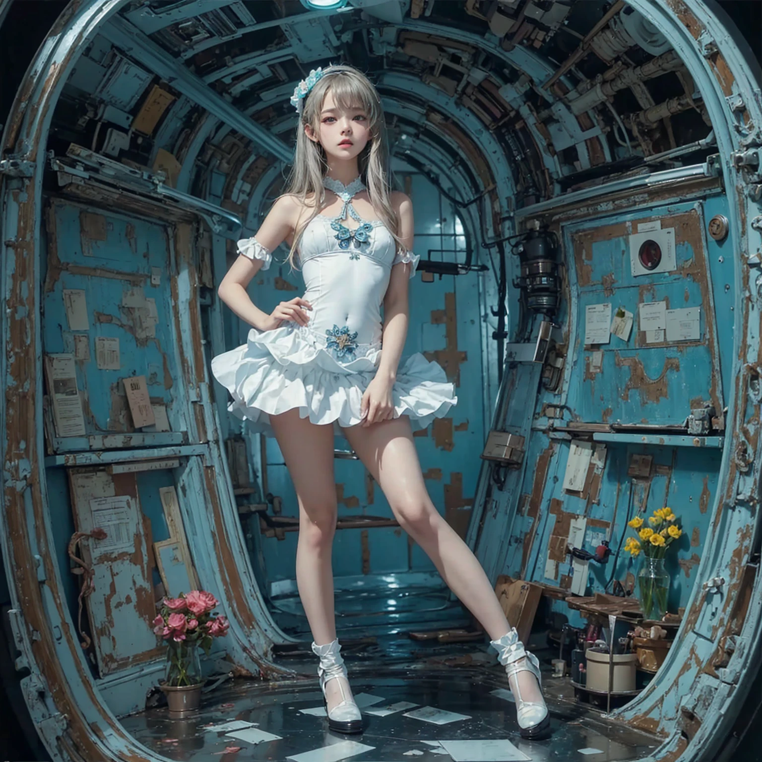 Erotic art photography of beautiful naked teen girls captured on the highest quality film cameras, as seen in David Hamilton-esque photos.　Sensual erotic art photography　Ultimate realism　Flat tits　super small tits　small face　A skinny, erotic, 17-year-old schoolgirl with a unique and delicate hairstyle and bangs photographed inside a pitch-black spaceship.　Russian Lolita　The lighting is like a live stage, making the subject look beautiful.　Natural light and light blue and orange lighting　Beautiful dark and deep shadows　Five beautiful schoolgirl sisters with perfect proportions and sensual beauty　Beautiful and perfect skinny body　Beautiful, pure white skin that is transparent, moisturized, and ultra-delicate, with blood vessels clearly visible.　Transparent, moisturized and lustrous lips　Beautiful, clear and moist eyes　Futuristic ruffled micro mini skirt feminine lolita ballerina costume designed in black and turquoise with floral, tartan and lace patterns　Small floral headband and choker　erotica　Full Body View　Inside the white spaceship