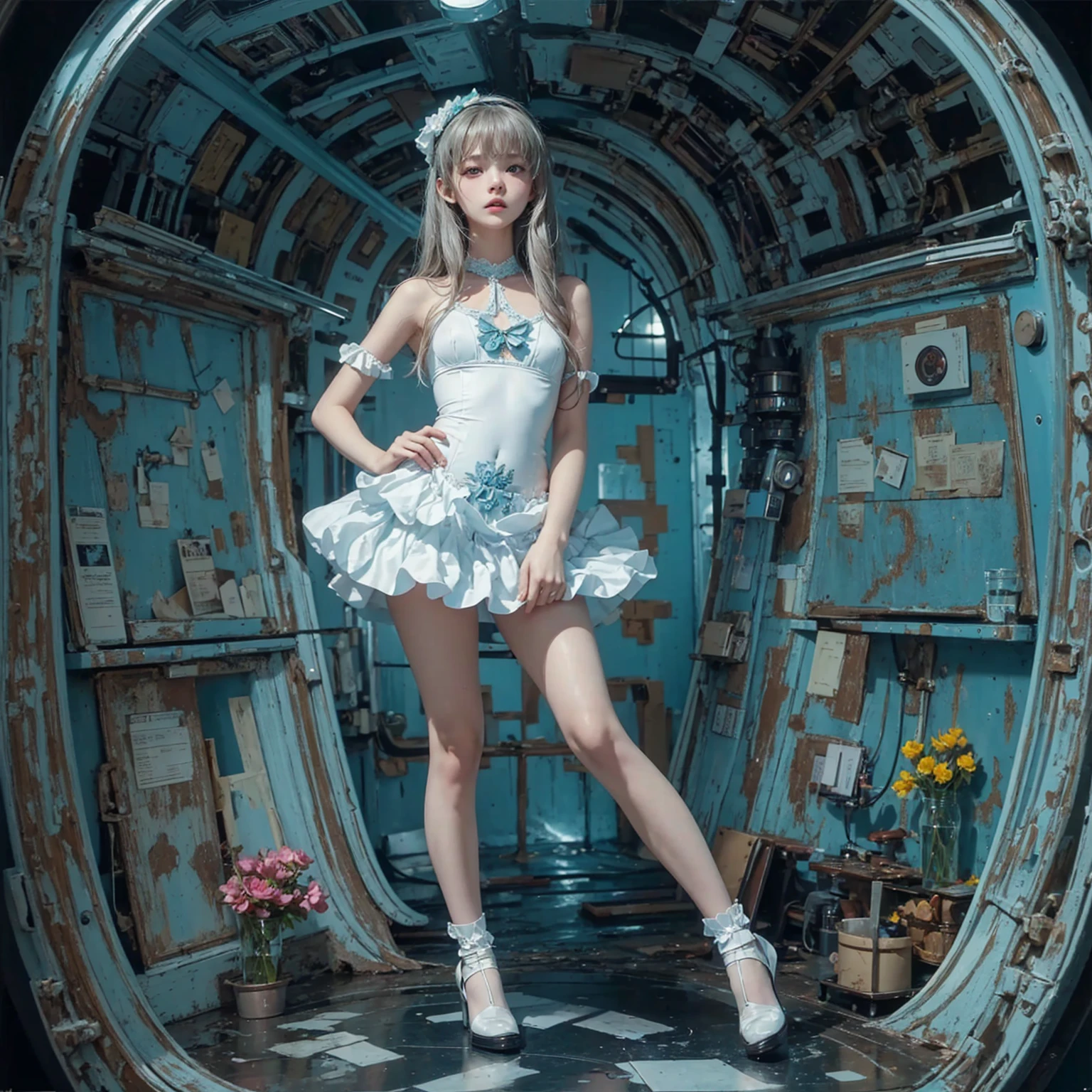 Erotic art photography of beautiful naked teen girls captured on the highest quality film cameras, as seen in David Hamilton-esque photos.　Sensual erotic art photography　Ultimate realism　Flat tits　super small tits　small face　A skinny, erotic, 17-year-old schoolgirl with a unique and delicate hairstyle and bangs photographed inside a pitch-black spaceship.　Russian Lolita　The lighting is like a live stage, making the subject look beautiful.　Natural light and light blue and orange lighting　Beautiful dark and deep shadows　Five beautiful schoolgirl sisters with perfect proportions and sensual beauty　Beautiful and perfect skinny body　Beautiful, pure white skin that is transparent, moisturized, and ultra-delicate, with blood vessels clearly visible.　Transparent, moisturized and lustrous lips　Beautiful, clear and moist eyes　Futuristic ruffled micro mini skirt feminine lolita ballerina costume designed in black and turquoise with floral, tartan and lace patterns　Small floral headband and choker　erotica　Full Body View　Inside the white spaceship