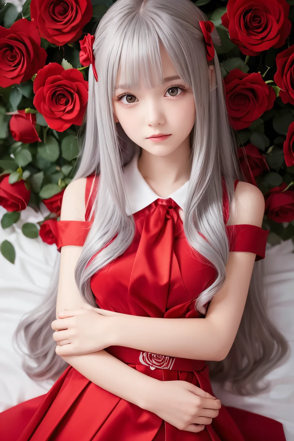 A beautiful girl wearing a red school uniform and red roses on her body. kawaii. Silver hair color and long hair. Delicately crafted Faithfully animation An illustration All Red Wrapped in roses