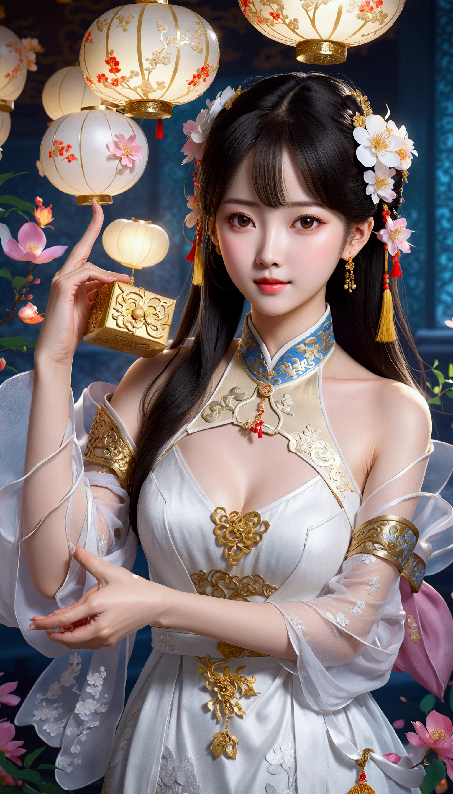 A woman in a white dress holds a gold box, palace , Girl wearing Hanfu, Beautiful fantasy queen, Popular on cgstation, Inspired by Lan Ying, Inspired by Pu Hua, Chinese, artwork in the style of Gu Weiss, Dressed in ancient Chinese costumes, Gu Weiss, Popular on cgstation内容, Chinese Fantasy, Chinese Girl