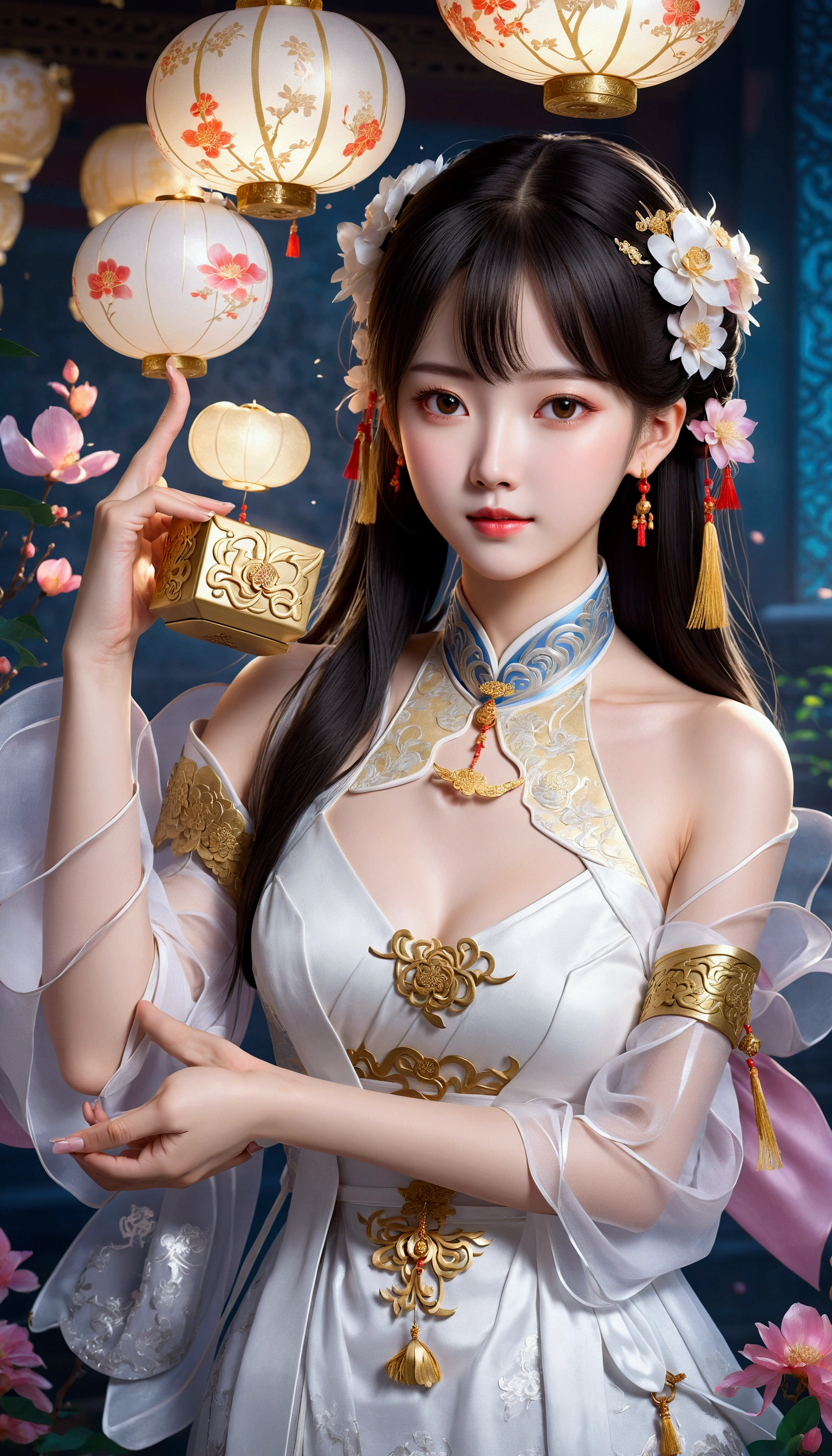 A woman in a white dress holds a gold box, palace , Girl wearing Hanfu, Beautiful fantasy queen, Popular on cgstation, Inspired by Lan Ying, Inspired by Pu Hua, Chinese, artwork in the style of Gu Weiss, Dressed in ancient Chinese costumes, Gu Weiss, Popular on cgstation内容, Chinese Fantasy, Chinese Girl