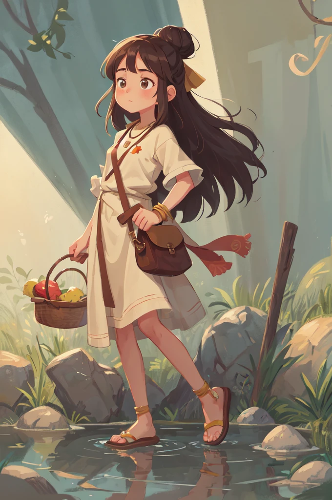 Create an image of a woman of humble origins in Ancient Egypt in a 2D cartoon style mixed with anime. She wears a simple, light linen tunic, in neutral colors like beige or brown, fitted with a belt at the waist. Her hair is tied up in a bun or tied with a fabric headband. She wears basic leather sandals and may have some simple beaded necklaces or stone charms. She is carrying a small basket or jug, reflecting her daily work.