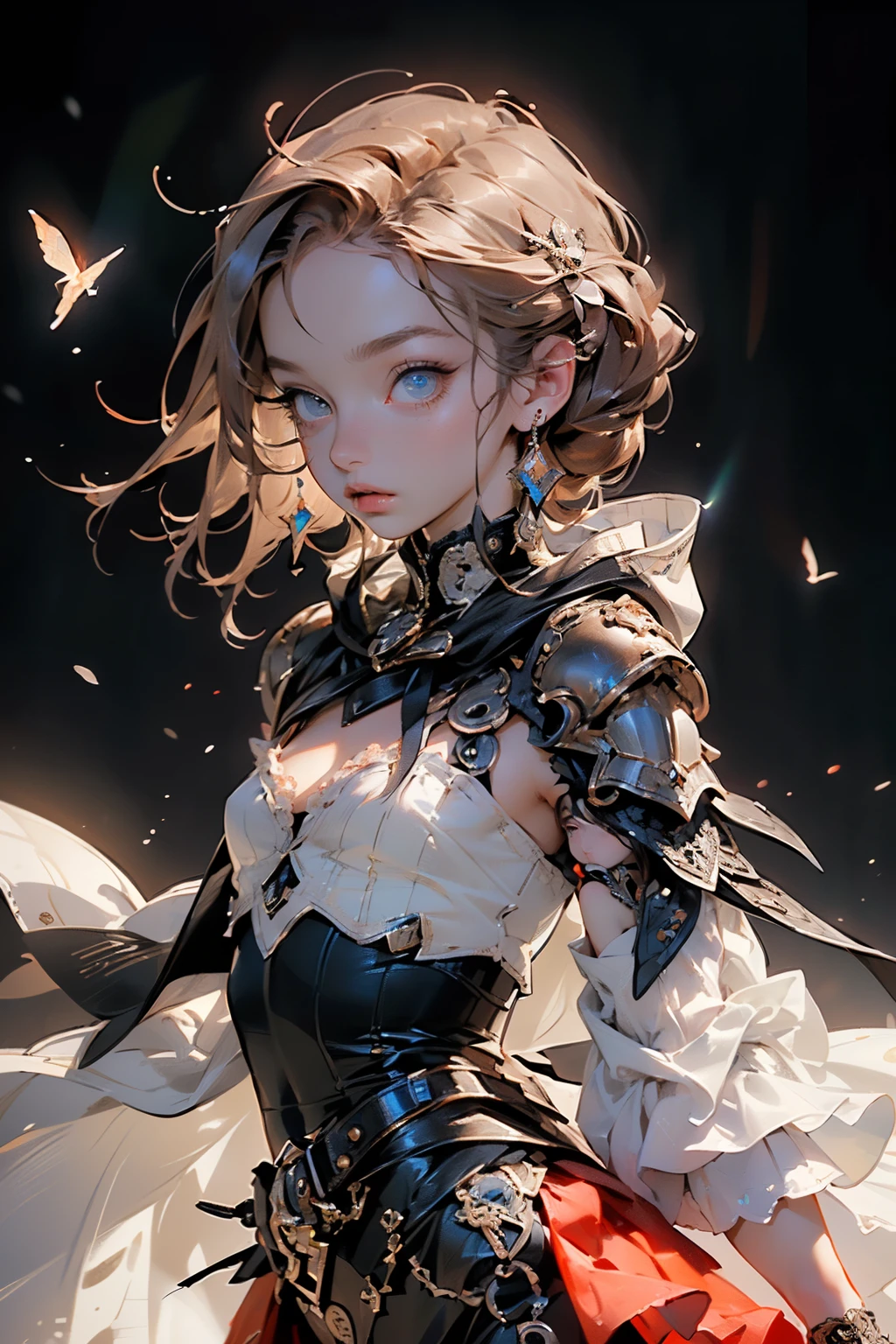 (((masterpiece, Highest quality, Very detailed))), (Mysterious Order's Knight), ((((A floating sword,With digital glitch-like effects on the blade,As if it's rapidly flickering into and out of reality, With a very slight distortion effect around it,Similar to a gravitational lens, Next to her)))), Edwardian/Victorian Era Inspiration, ((Simple yet Refined Armor)), Flowing Lace Trumpet Skirt Paired with Ruffled Petticoat, ((((The face is rich in detail))), (((Very sharp eyes))), Very long eyelashes, Small Breasts, (((flat chest:1.1))), Mystical aesthetics, (Red and white clothes,Exquisitely Detailed Steampunk and Gothic Style), (With hood), Complex lace-up boots