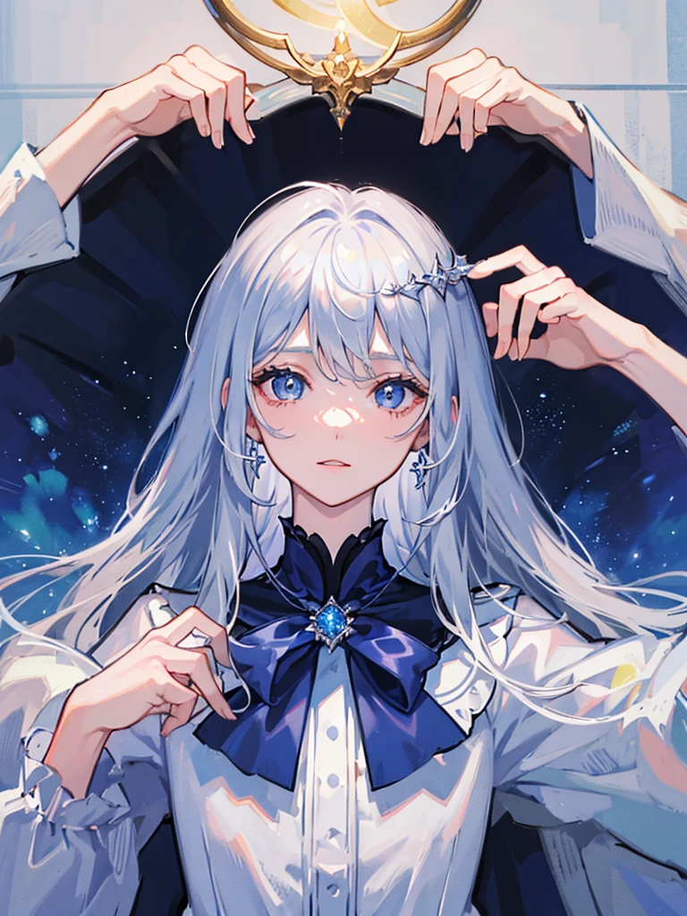 Cover magazine, anime, young woman, solo, long hair, white hair, blue eyes, model, beautiful, half body potrait, fantasy, ice