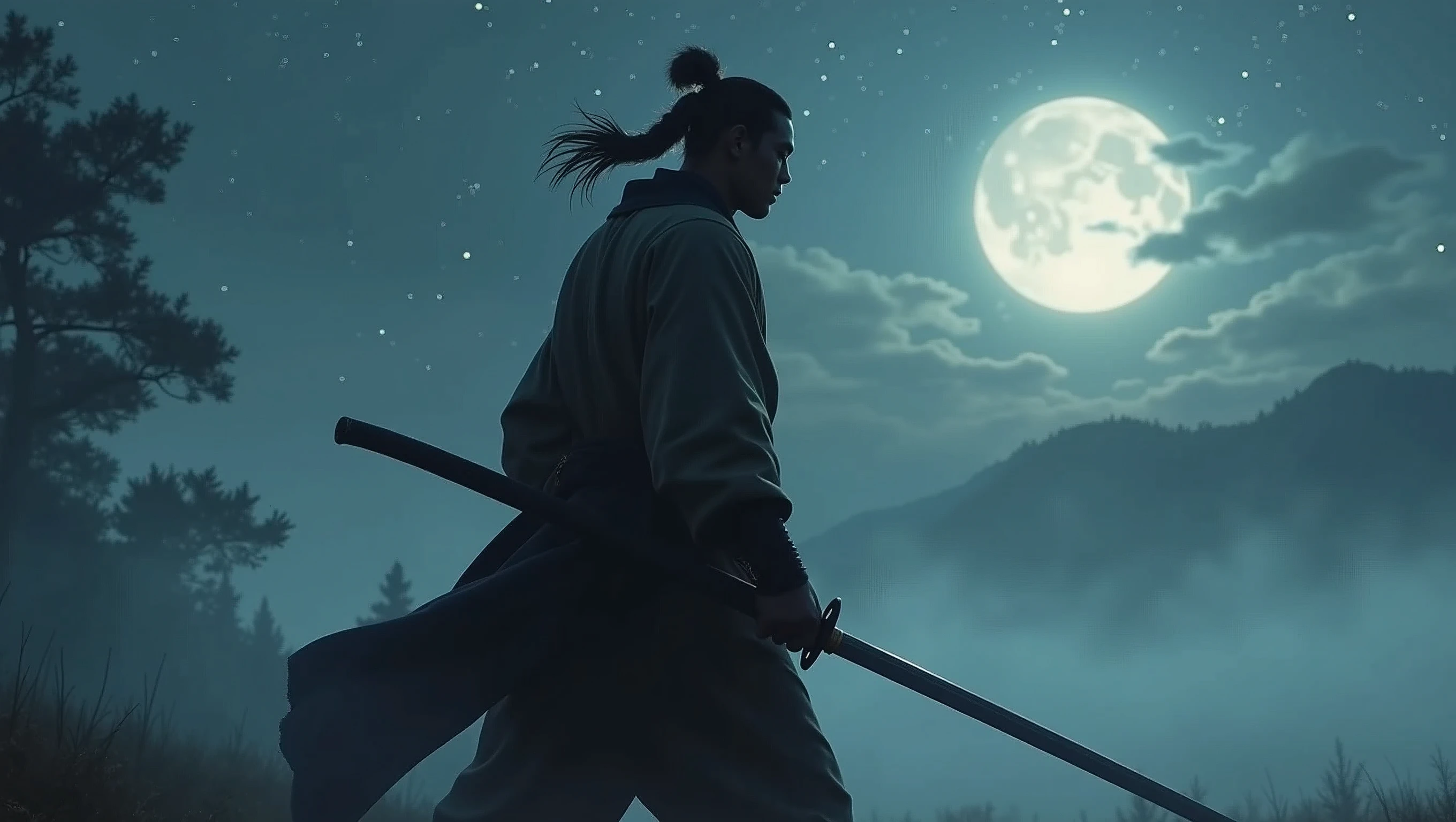 the samurai holds a katana, Starry skies and mist envelop the landscape.