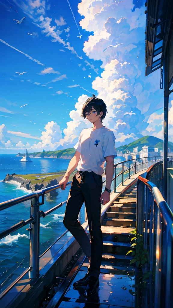 (Mastepiece), (Best Quality), Very detailed, (1 boy:1.5), (Full body solo shot:1.4), Perfect Face, Beautiful Boy, Very detailedな顔,(Black short hair:1.5),(blue eyes:1.4),(Short sleeve white shirt:1.4)、(High school boys:1.4)、bird、(Station with sea view、train:1.5)、(summer、cumulonimbus、blue sky:1.4)、mysterious、Fantasy、beautiful、Beautiful Landscape