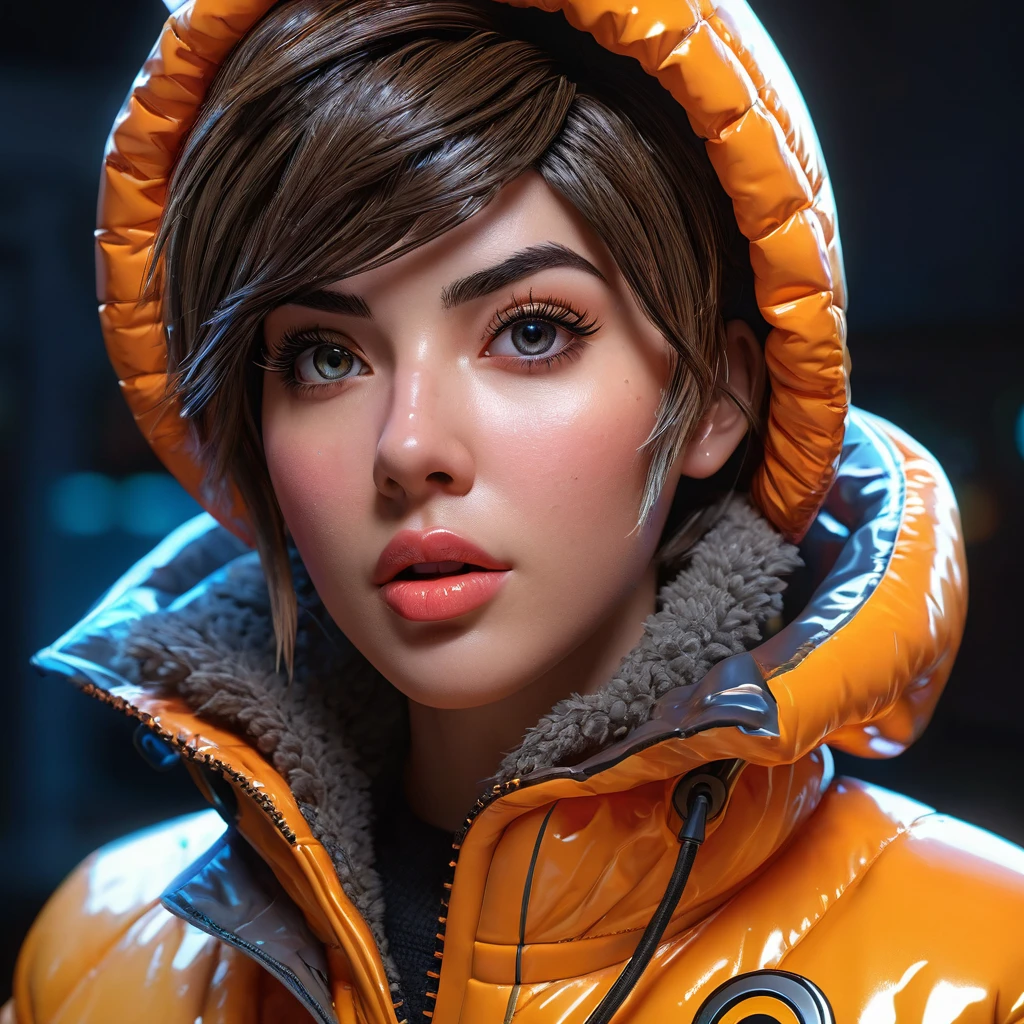 Tracer from Overwatch, trapped inside her fully zipped, super gleamy, overfilled, overinflated, thick, glossy puffer jacket, beautiful detailed eyes, beautiful detailed lips, extremely detailed eyes and face, long eyelashes, photorealistic, 8k, realistic lighting, volumetric lighting, cinematic lighting, dramatic lighting, dynamic pose, dramatic expression, neon cyberpunk style, intricate details, hyper-realistic, 3D rendered, highly detailed texture, glossy material, extreme realism, striking colors, vibrant colors, deep shadows, full body photo