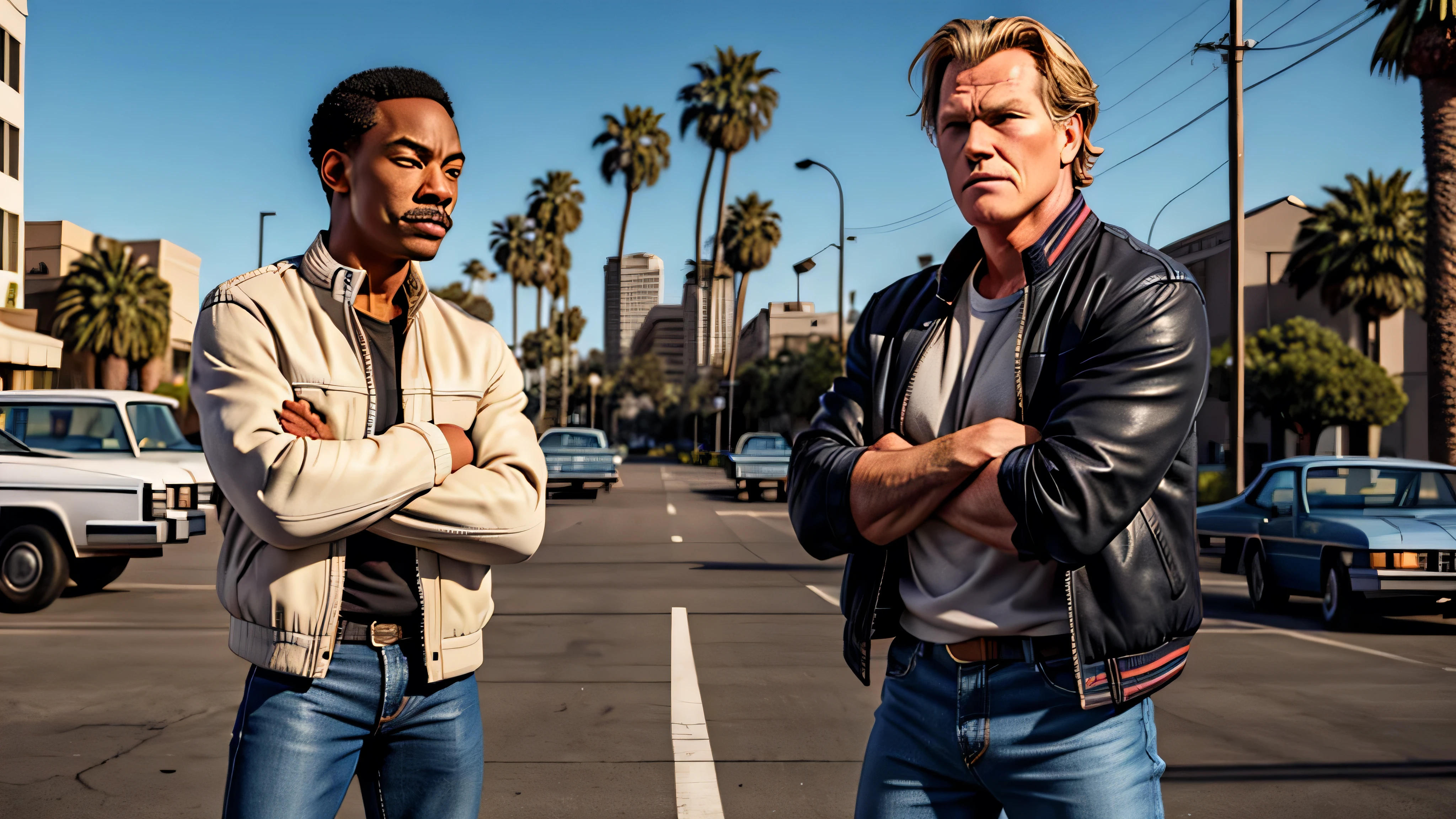 A pre fight of 2 guys. Edward Regan "Eddie" Murphy (left side of image), young, 22 years old, as Beverly Hills Cop, LOL face expression, smiling, white perfect teeths, wearing (Detroit Lyons Jacket (1984) and blue jeans), (light beige and black Detroit Lyons jacket), crossed arms, profile view perspective, from the waist up. Nicholas King "Nick" Nolte (right side of image), 47 years old, 48 Hours movie, cheap gray suit, no tie, messy hair, crossed arms, tired, angry expression, nervous, forehead vein visible. They are facing off each other. Background: blend San Francisco with Beverly Hills (palm trees). 