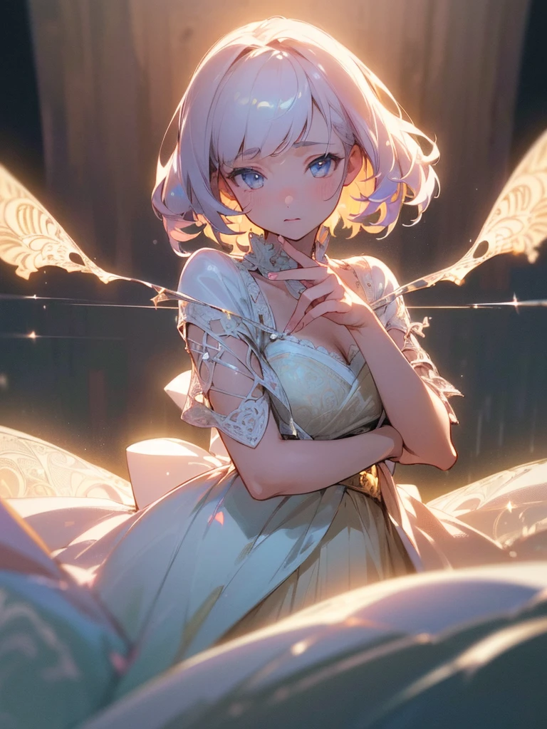 (((best quality, sharp image, clear image, cinematic lighting, 8k resolution, masterpiece, ultra detailed, intricate))) Girl, cute, intricate dress, pastel colors, intricate background.