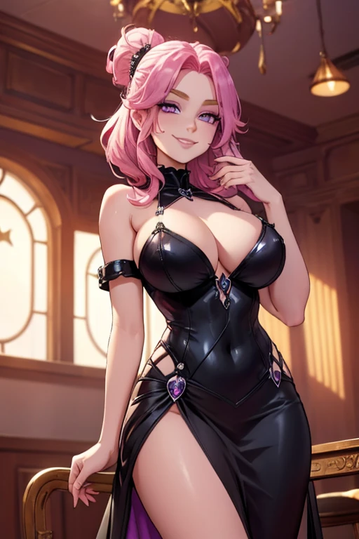 Perfect face. Perfect hands. A pink haired woman with violet eyes with an hourglass figure in a Gothic gown is smiling in a ballroom.