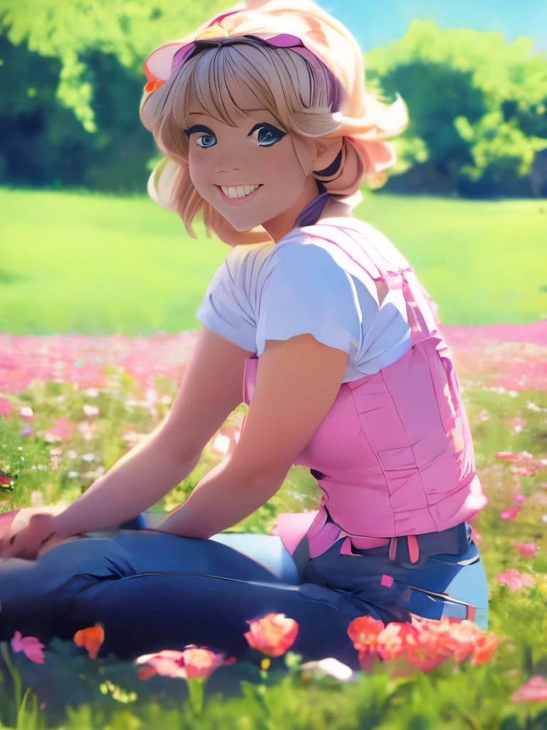 Anime girl in the anime style of the 80s sitting in a field of flowers and looking at the camera, smiling. pastel-colored