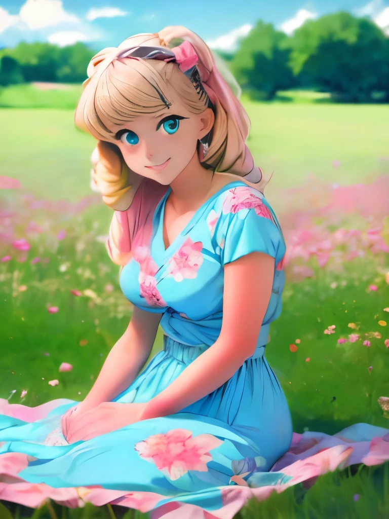 Anime girl in the anime style of the 80s sitting in a field of flowers and looking at the camera, smiling. pastel-colored