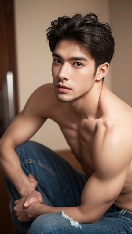 1 male, Upper body naked,jeans, Muscular, face, Realistic, photograph, Posing, real photograph