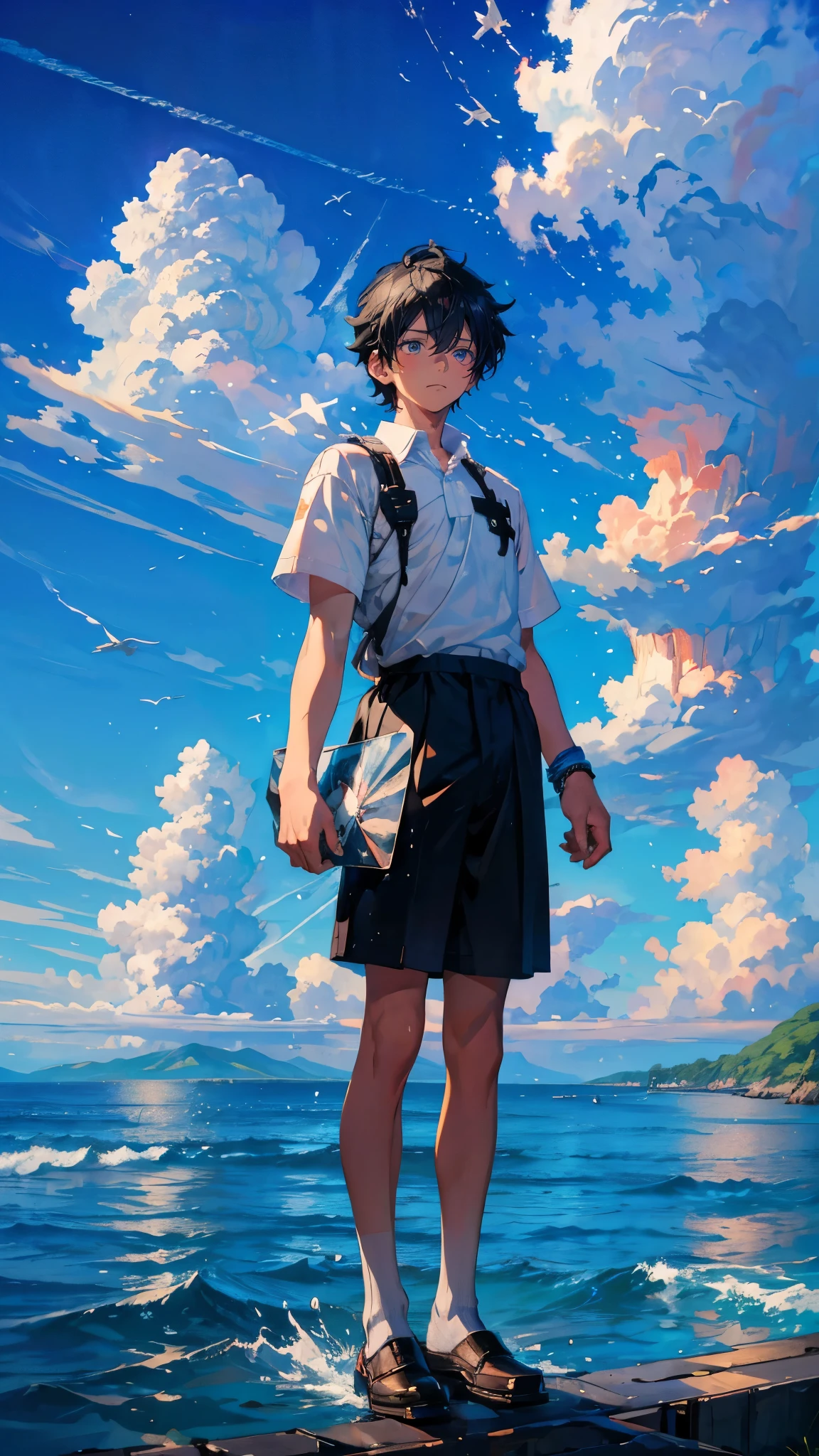 (Mastepiece), (Best Quality), Very detailed, (1 boy:1.5), (Full body solo shot:1.4), Perfect Face, Beautiful Boy, Very detailedな顔,(Black short hair:1.5),(blue eyes:1.4),(Short sleeve white shirt:1.4)、(High school boys:1.4)、bird、(Ocean、Unmanned stations、train:1.5)、(summer、cumulonimbus、blue sky:1.4)、mysterious、Fantasy、beautiful、Beautiful Landscape