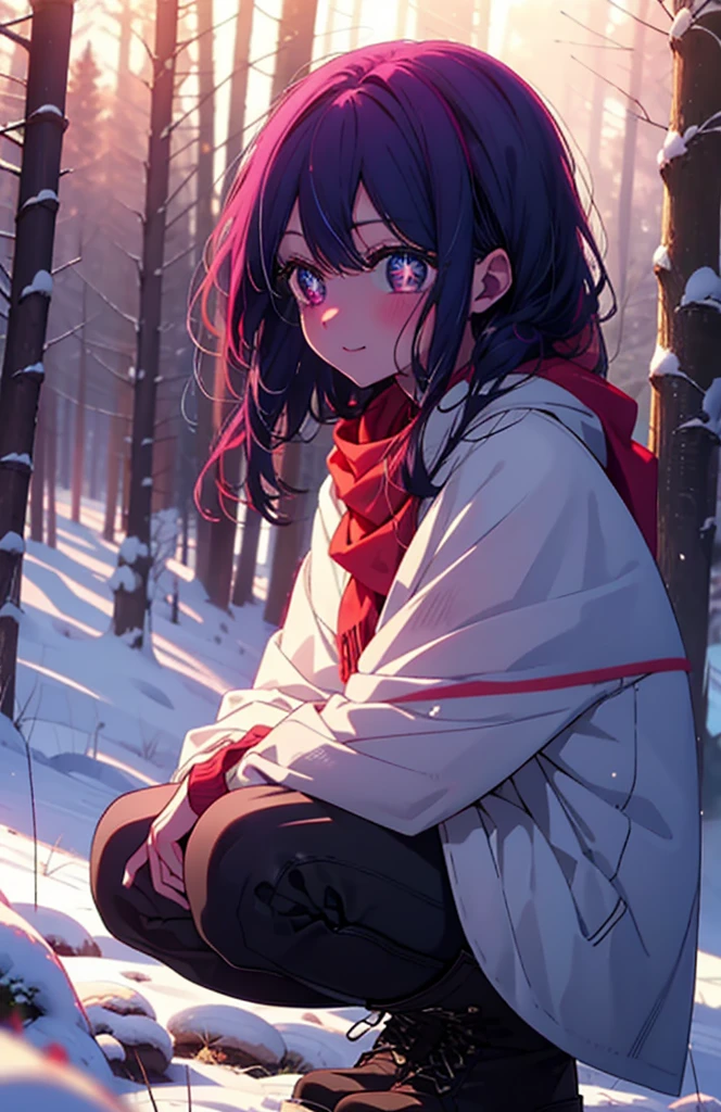 aihoshino, Ai Hoshino, Long Hair, bangs, (Purple eyes:1.1), Purple Hair, (Symbol-shaped pupil:1.5), smile,,smile,blush,white breath,
Open your mouth,snow,Ground bonfire, Outdoor, boots, snowing, From the side, wood, suitcase, Cape, Blurred, , forest, White handbag, nature, Squat, Mouth closed, Cape, winter, Written boundary depth, Black shoes, red Cape break looking at viewer, Upper Body, whole body, break Outdoor, forest, nature, break (masterpiece:1.2), Highest quality, High resolution, unity 8k wallpaper, (shape:0.8), (Beautiful and beautiful eyes:1.6), Highly detailed face, Perfect lighting, Extremely detailed CG, (Perfect hands, Perfect Anatomy),