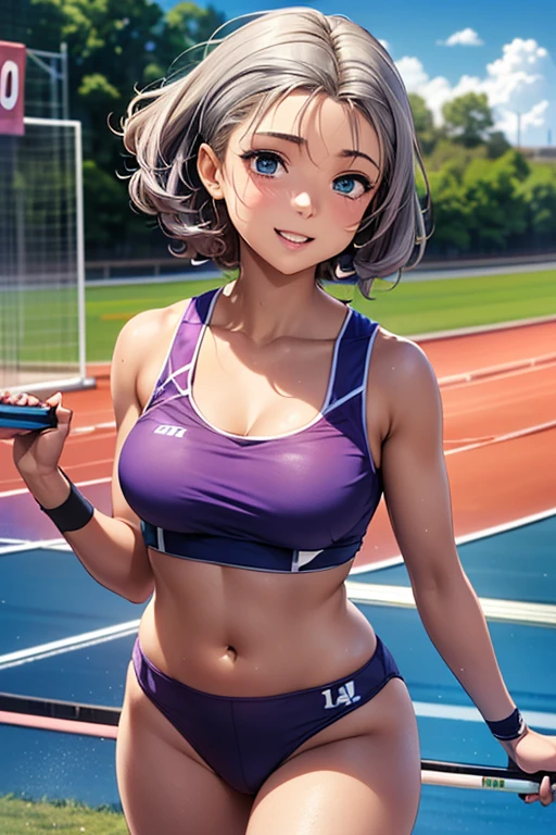 #Basics A girl is posing for a photo, (((One Girl))), (((Baby Face:1.4)) + ((cute:1.4)) + ((15 years old))), 
break 

#Clothing Accessories 
((Purple((track and field athlete))uniform:1.5) : Shiny + (Sports Bra) + (Bloomers)) + (Blue sneakers), 
break 

#Features 
((Silver Hair:1.2)), ((slicked back hair:1.6)) + ((Pixie Cut Hair : Very short hair:1.5 + Outer bounce + Curly hair)), 
((Droopy eyes:1.4, Big eyes:1.2), blue eyes), (Small breasts), 
break 

#background environment 
((noon + Sunlit stadium, cumulonimbus + blue sky)), 
#Facial Expression Pose  
(smile + happy), ((Stand with your feet slightly apart + Relaxed standing + (hand in own hair))), 
#composition 
((Character Focus), (Angle from the front), (Cowboy Shot)), 
break 

#Body parts elements 
(Slim figure), 
(Symmetrical facial features), 
(Detailed Hair, Beautiful Hair, Shiny Hair), 
(double eyelid, Long eyelashes, Thin eyebrows:0.5), 
(Expression of fine eyes, Beautiful and delicate eyes, Sparkling eyes, Eye Reflexes, Glitter Eyeliner), 
(Human Ear), 
(Beautiful Nose, Thin Nose), 
(Shiny唇, Beautiful Lips, Thick lips), 
(Detailed skin, Textured skin, Beautiful Skin, Oily skin), 
break 

#Quality Image Quality Common 
(((Highest quality)), ((masterpiece)), ((Very detailed))), ((Ultra-high resolution)), ((16K, 1080P)), ((Full HD)), 
(Anatomically correct), (Realistic), (3DCG), (Oil painting), 
((comics, anime)), (CG illustration), (RAW Photos), 
