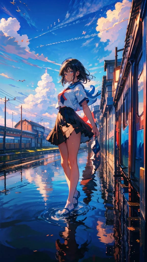 (Mastepiece), (Best Quality), Very detailed, (1 girl:1.5), (Full body solo shot:1.4), Perfect Face, beautiful girl, Very detailedな顔,(Black medium hair:1.5),(blue eyes:1.4),(Short sleeve white shirt:1.4)、(High school girls:1.4)、youth、bird、sunlight、Ocean、(Station platform:1.4)、(train:1.5)、(summer、cumulonimbus、blue sky:1.4)、mysterious、Fantasy、beautiful、Beautiful Landscape