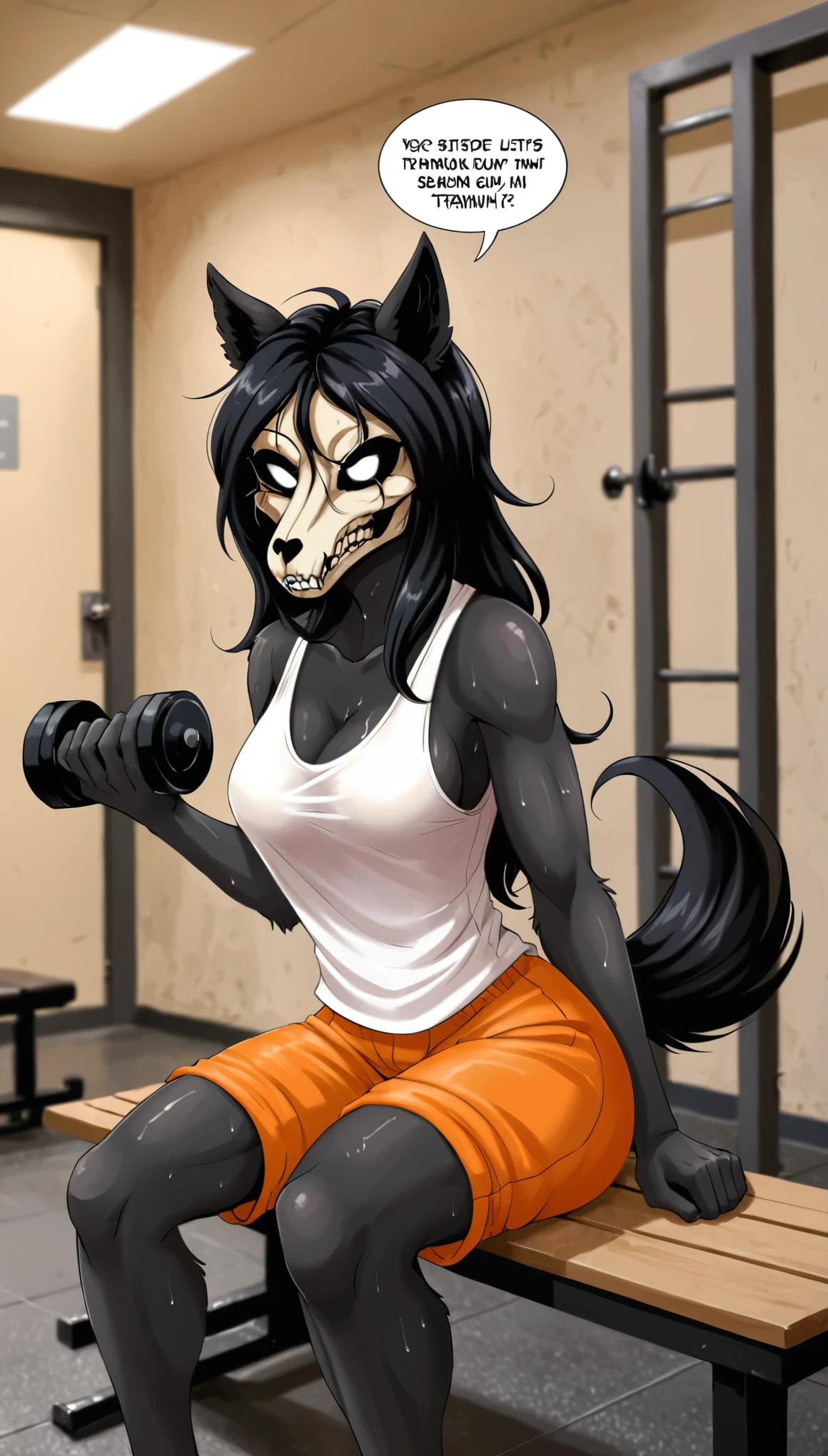 SCP-1471, MalO, (solo:1.5), Female, black fur, long black hair, (white tank top), orange prison jumpsuit with TEXT "SCP-1471", (sweaty body:0.75), ((seating on bench, jail gym, training in the gym stance, lifts the dumbbell)), angry dialog text, angry text bubbles