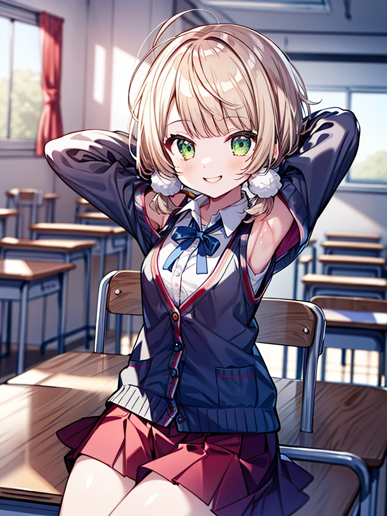 masterpiece, Highest quality, High resolution, ui2, One Girl, alone, Green Eyes, alone, Red Skirt, White shirt, Low Twintails, pom-pom \(Clothes\), Collared shirt, Blue Ribbon,, Long sleeve, cardigan,Swimwear,Cowboy Shot, Sitting, classroom, mechanical, put your hands on the table, smile, Show me your armpits, Raise your arms