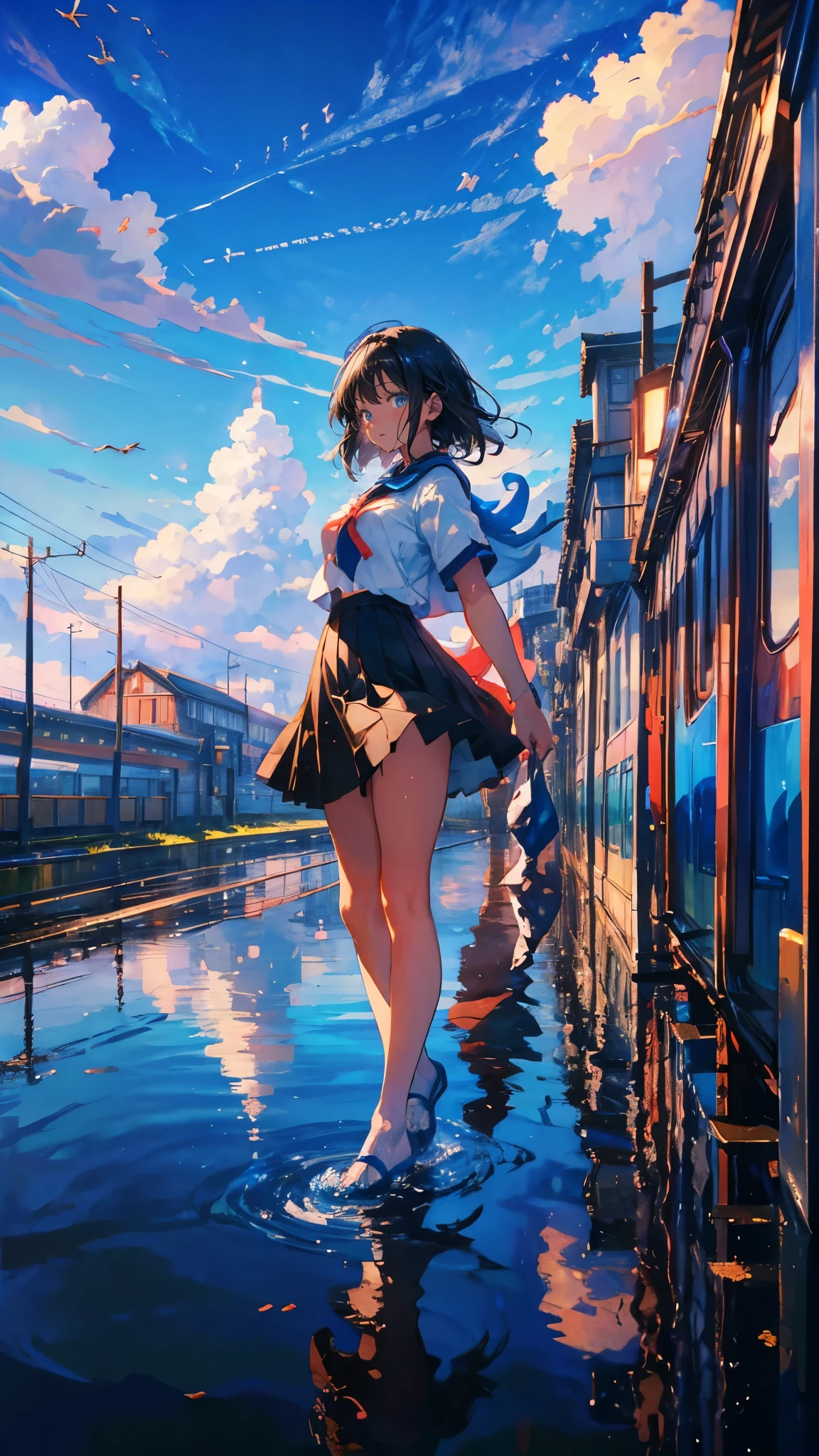 (Mastepiece), (Best Quality), Very detailed, (1 girl:1.5), (Full body solo shot:1.4), Perfect Face, beautiful girl, Very detailedな顔,(Black medium hair:1.5),(blue eyes:1.4),(Short sleeve white shirt:1.4)、(High school girls:1.uth、bird、sunlight、Ocean、(Station platform:1.4)、(train:1.5)、(summer、cumulonimbus、blue sky:1.4)、mysterious、Fantasy、beautiful、Beautiful Landscape