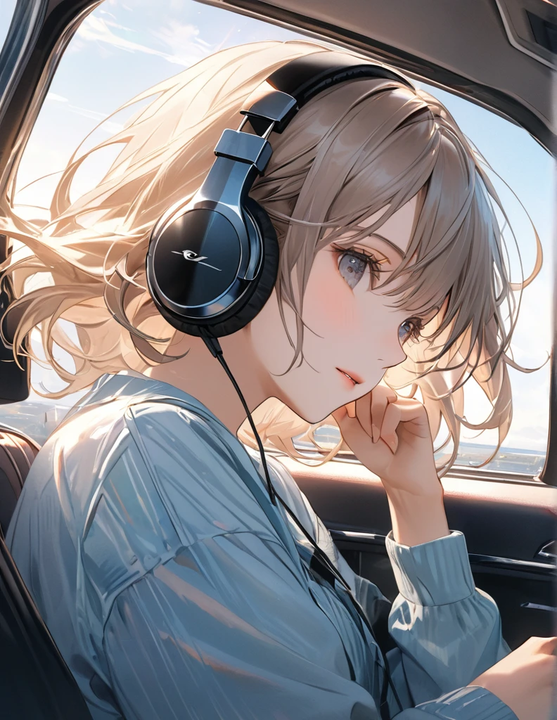 HD, (masterpiece:1.2), Best Quality, High resolution, awarded, High details,small van、１girl traveling、(Listening to music with headphones in the car and looking outside with the window open)、Good job、His hair blows in the wind and he has a calm expression...