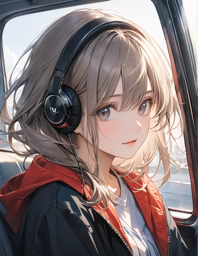 HD, (masterpiece:1.2), Best Quality, High resolution, awarded, High details,small van、１girl traveling、(Listening to music with headphones in the car and looking outside with the window open)、Good job、His hair blows in the wind and he has a calm expression...