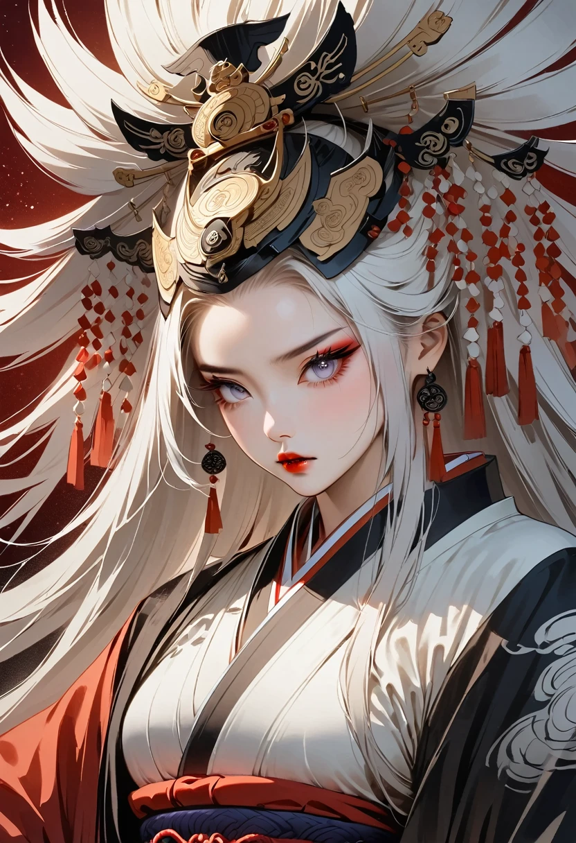 ((((Like appearance)))), soothing tone, edge of light, Sensitive eyes, bokeh wallpaper, High quality, woman itachi uchiha, ((Sex bender)), White eyes, woman, Single, Konoha, long hair, Upper body, clothes , Ninja ink drawing, (((1 girl))), (((Oiran))), (((Great hair accessories))), Japanese style headphones, Demon possession,  Japanese beauty, White hair, Sensitive and precise, Modern Ukiyo-e style