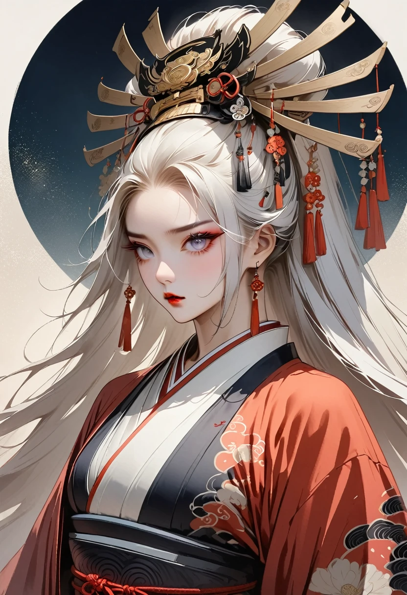 ((((Like appearance)))), soothing tone, edge of light, Sensitive eyes, bokeh wallpaper, High quality, woman itachi uchiha, ((Sex bender)), White eyes, woman, Single, Konoha, long hair, Upper body, clothes , Ninja ink drawing, (((1 girl))), (((Oiran))), (((Great hair accessories))), Japanese style headphones, Demon possession,  Japanese beauty, White hair, Sensitive and precise, Modern Ukiyo-e style