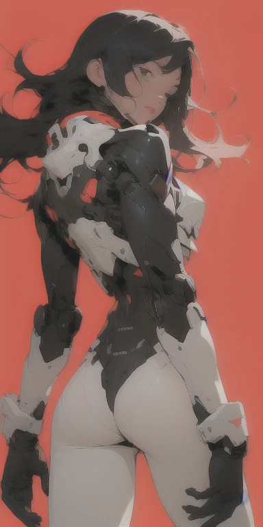 1girl,pureerosface_v1,black mecha suit, minimalism, bright red background, simple background, Fisheyes, masterpieces, top quality, best quality, official art, beautiful and aesthetic, animation, raise the butt,