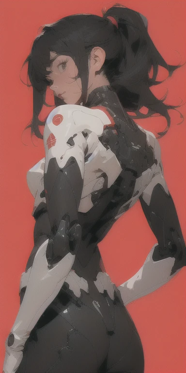 1girl,pureerosface_v1,black mecha suit, minimalism, bright red background, simple background, Fisheyes, masterpieces, top quality, best quality, official art, beautiful and aesthetic, animation, raise the butt,