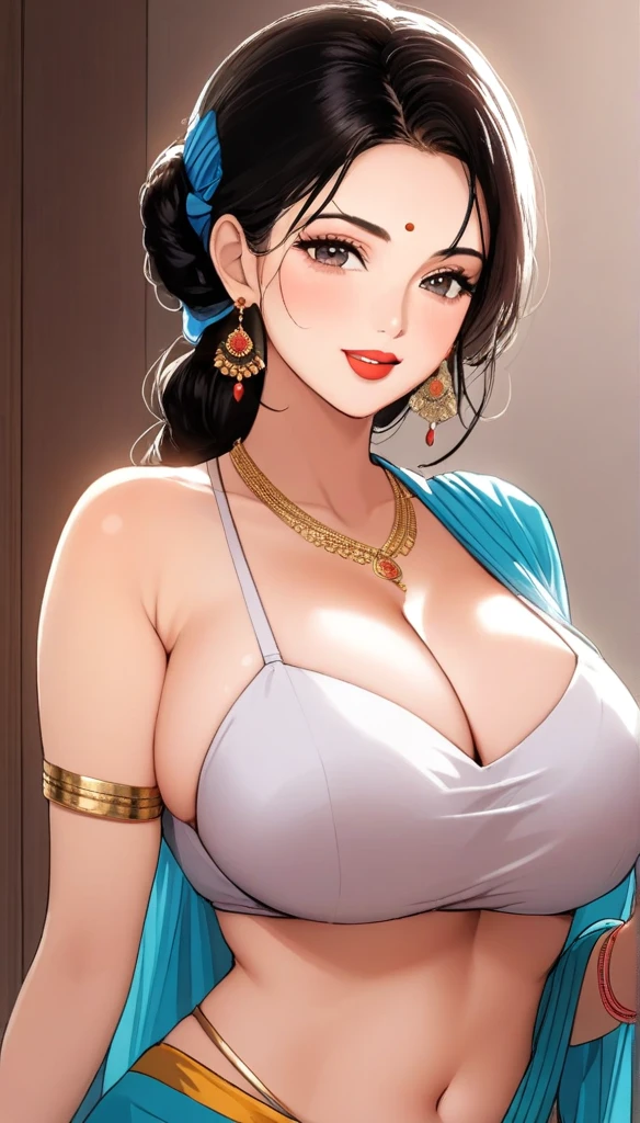 ((1woman, mature,single hair braid,saree, big long jhumka earrings , detailed alluring eyes, smooth detailed lips, beautiful face, smiling ,red lipstick ,navel,bangles,blue ribbon,big breasts