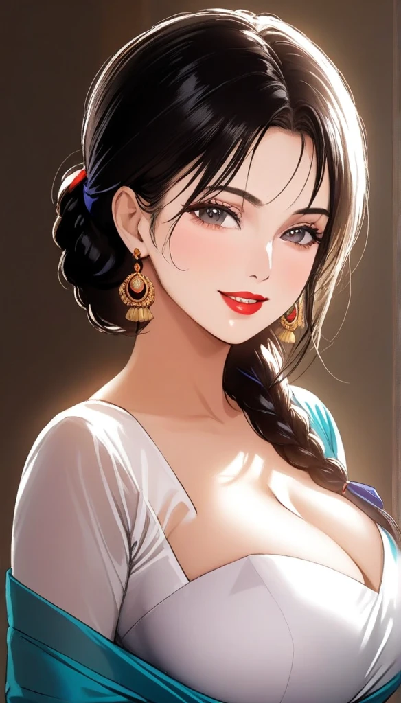 ((1woman, mature,single hair braid,saree, big long jhumka earrings , detailed alluring eyes, smooth detailed lips, beautiful face, smiling ,red lipstick ,navel,bangles,blue ribbon,big breasts