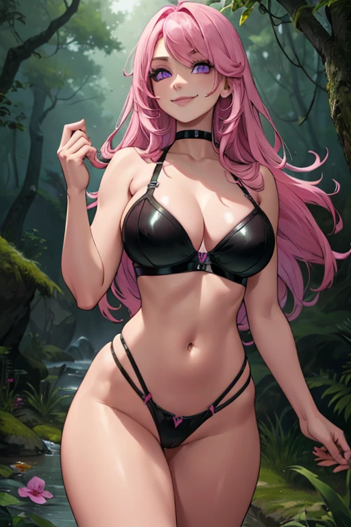 Perfect face. Perfect hands. A pink haired woman with violet eyes with an hourglass figure in a Gothic leather bra set is smiling in a creepy forest