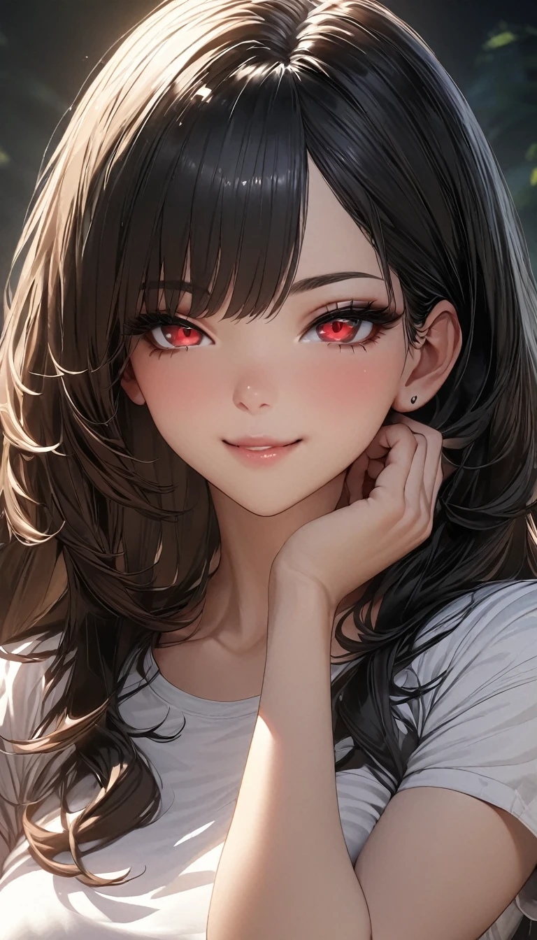 (high quality, 8k, 4K, High Contrast, masterpiece:1.2, 最high quality, Best aesthetics), 1 female, (Realistic skin texture:1.3),Optimal,masterpiece,High resolution,最high quality,Hyper HD,Super detailed one girl,Dark Style, Black Hair, White skin, Red eyes, Long Hair, bangs, rtrophto1,Cute Face,,Gradient Beige Hair,