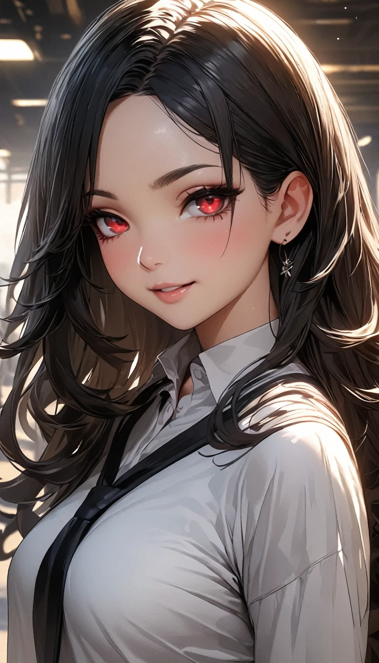 (high quality, 8k, 4K, High Contrast, masterpiece:1.2, 最high quality, Best aesthetics), 1 female, (Realistic skin texture:1.3),Optimal,masterpiece,High resolution,最high quality,Hyper HD,Super detailed one girl,Dark Style, Black Hair, White skin, Red eyes, Long Hair, bangs, rtrophto1,Cute Face,,Gradient Beige Hair,