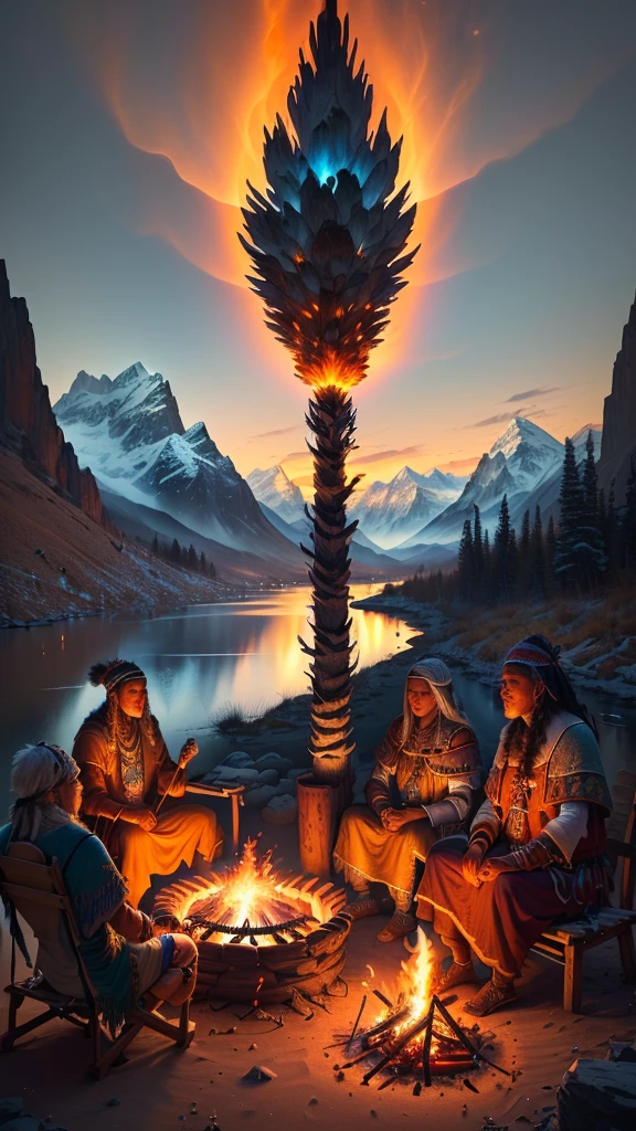 A shaman, campfire, group of people around, drum, mountains and river, spirits, shaman's power, solar eclipse, enlightenment, happiness, detailed shaman, detailed campfire, detailed people, detailed mountains and river, detailed spirits, (best quality,4k,8k,highres,masterpiece:1.2),ultra-detailed,(realistic,photorealistic,photo-realistic:1.37),highly detailed shaman, highly detailed campfire, highly detailed people, highly detailed mountains and river, highly detailed spirits, dramatic lighting, warm color tones, mystical atmosphere, cinematic composition, stunning landscape, spiritual energy