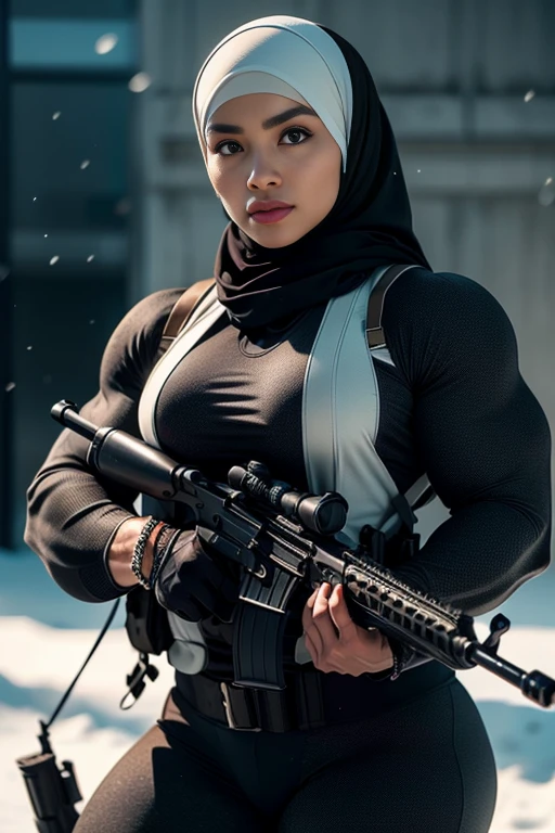 Photorealistic, high resolution, 1 malay woman in hijab, Solo, Hips up, Snow background,view the viewer, (Detailed face), White hijab, SWAT vests, sniper rifle handle, Black military uniform, bulletproof vest, Holding an assault rifle, M16, Inside the city, Very detailed, Perfect face, Black eye, jewelry