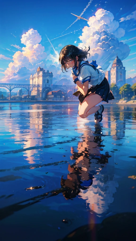 (Mastepiece), (Best Quality), Very detailed, (1 girl:1.5), (Full body solo shot:1.4), Perfect Face, beautiful girl, Very detailedな顔，(Black medium hair:1.5)，(blue eyes:1.4)，(Short sleeve white shirt:1.4)、(High school girls:1.4)、youth、bird、sunlight、Ocean、(Station platform:1.4)、(train:1.5)、(summer、cumulonimbus、blue sky:1.4)、mysterious、Fantasy、beautiful、Beautiful Landscape、(Close your eyes and laugh:1.4)、A big smile