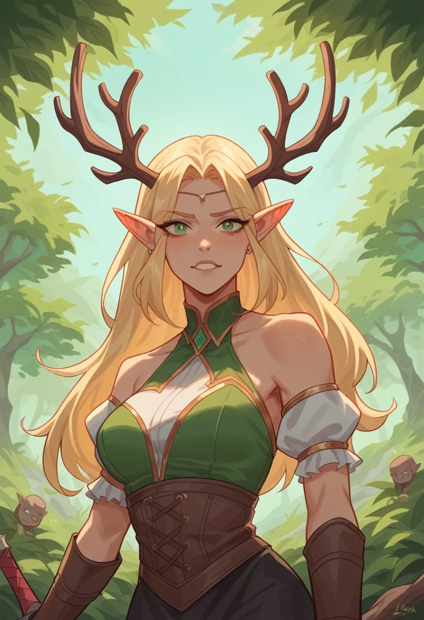 create a female wood elf character. with blonde hair and antlers wielding a bow. her clothes should be green https://lexica.art/prompt/11ef172e-e48b-4262-a25b-a002e811d996