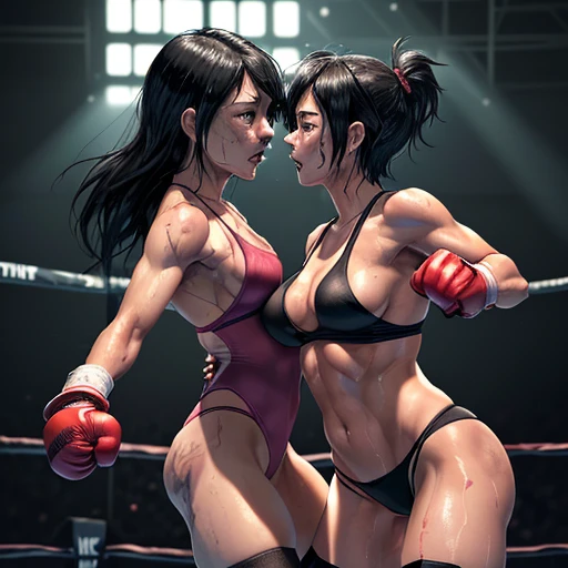 whole body picture. two female fighters are eyes to eyes. They are banging their punches against their opponents. They trade dynamic punches with each other. a bloody beautiful Japanese female fighters are fighting survival in the octagon ring. Blood is dripping from her nose. She is covered in scars and bruises. she is damaged terribry. Short-cut black hair, out of breath, drooling from mouth, one eye closd, exhausted, drenched in sweat. Erect nipples. open finger glove. high-leg leotard. bikini panties. sports-bra. Stockings. arm warmers. Excellent proportion body.