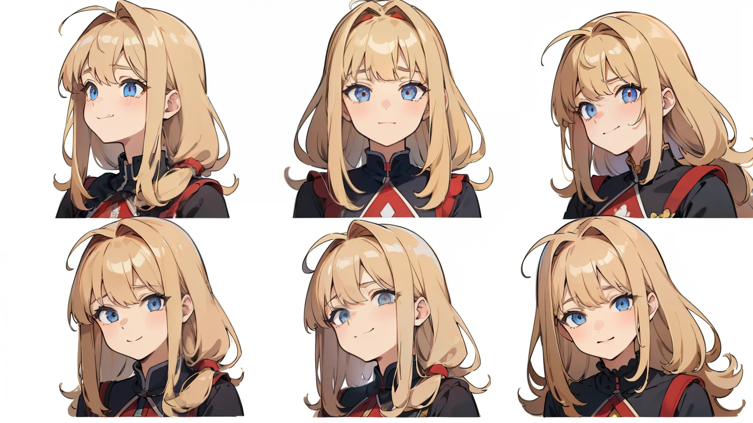 ((Masterpiece, Highest quality)), Detailed face, character sheets, full bodyesbian, 1girl ,shoun，Babe， blue eyes, blonde hair,  long detailed hair， Messy hair, , hair between eye,red loose blouse, Full of details, Multiple poses and expressions, Highly detailed, Depth, Many parts, cute, smile, front view, back view, side view, 8 poses, smile, laugh, cry