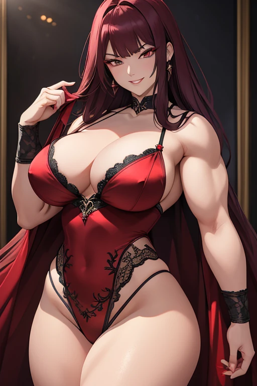 A beautiful evil lady leader with deep red eyes, wearing sexy panties, gazing condescendingly at the viewer with a cute grinning expression, extremely detailed and realistic, masterpiece quality, ultra-detailed, HDR, studio lighting, vivid colors, physically-based rendering, thick muscular thighs, beautiful muscular thighs, very strong wrestler