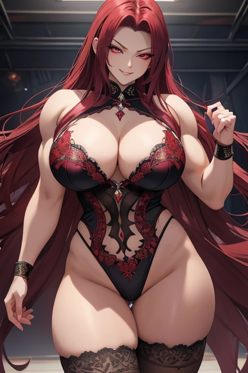 A beautiful evil lady leader with deep red eyes, wearing sexy panties, gazing condescendingly at the viewer with a cute grinning expression, extremely detailed and realistic, masterpiece quality, ultra-detailed, HDR, studio lighting, vivid colors, physically-based rendering, thick muscular thighs, beautiful muscular thighs, very strong wrestler