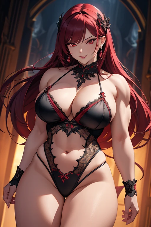 A beautiful evil lady leader with deep red eyes, wearing sexy panties, gazing condescendingly at the viewer with a cute grinning expression, extremely detailed and realistic, masterpiece quality, ultra-detailed, HDR, studio lighting, vivid colors, physically-based rendering, thick muscular thighs, beautiful muscular thighs, very strong wrestler