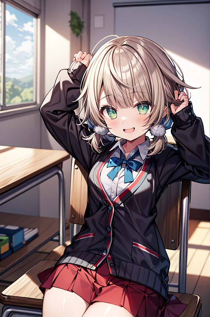 masterpiece, Highest quality, High resolution, ui2, One Girl, alone, Green Eyes, alone, Red Skirt, White shirt, Low Twintails, pom-pom \(Clothes\), Collared shirt, Blue Ribbon,, Long sleeve, cardigan,Swimwear,Cowboy Shot, Sitting, classroom, mechanical, put your hands on the table, smile, Show me your armpits, Raise your arms