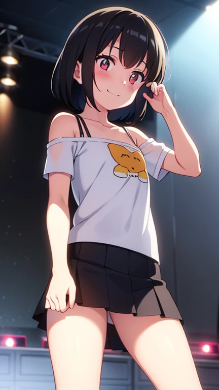 1girl, ultra high res, very low angle ,looking down at viewer , very large chest size , shorts, underboob , microphone, singing, smile, open mouth, one hand pull shirt up, idol, side ponytail