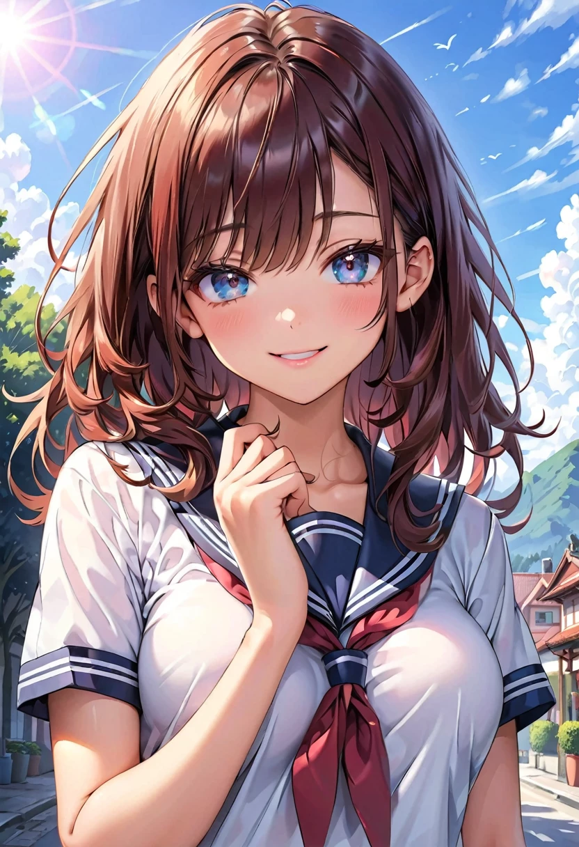 (Best Quality: 1.2, Very detailed, High Detail, Latest, Lively, Masterpiece: 1.2, Top Quality, Best Aesthetic, perfect lighting, Best Shadow, The best natural light, ), anime artwork, 
anatomically correct, perfect hands, 
((cute anime school girl, 1 girl)), (18 years old), 
sailor suit, short sleeve, 
medium straight hair, bangs, shiny brown hair, 
white skin, slender body, toned body, fluffy breasts, medium breasts, 
sparkling eyes, moist eyes, (finely detailed beautiful eyes: 1.3), 
attractive face, adorable face, smile, sensual look, looking at viewer, 
daytime, scenery, beautiful sky, light effects, 
cowboy shot, looking at viewer, 
shallow depth of field, 