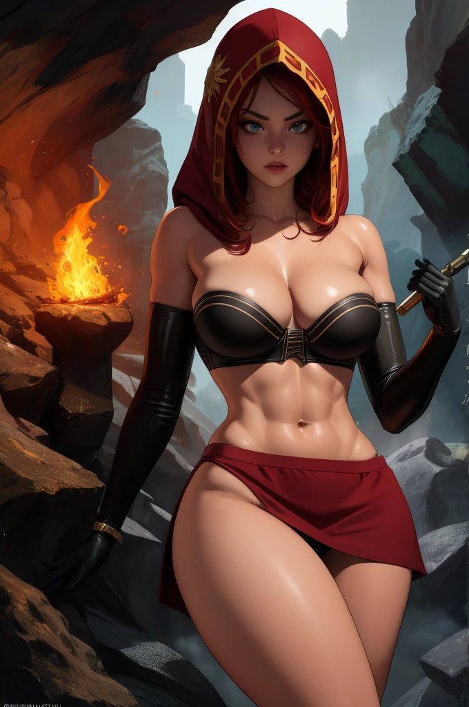 Dsorceress, redhair, shadowy face,dark cave, fire, hood, shadowed cute face, mini skimpy strapless bra, slim and athletic body, skinny thighs, skimpy slit miniskirt, no underwear, no panty, elbow gloves, dark skin, 1 girl (insanely detailed, masterpiece, best quality)