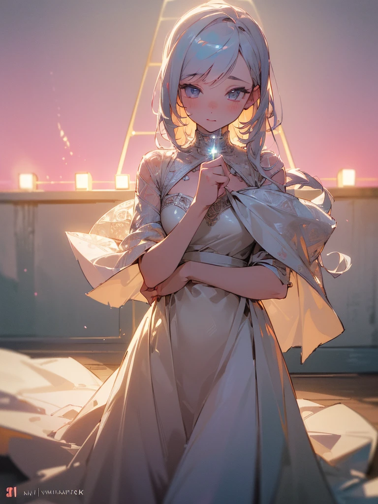 (((best quality, sharp image, clear image, cinematic lighting, 8k resolution, masterpiece, ultra detailed, intricate))) Girl, cute, intricate dress, pastel colors, intricate background, full body shot